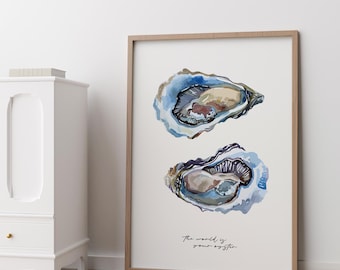 Oyster Print, Watercolour Painting 'The World is your Oyster' Quote Wall Art Poster
