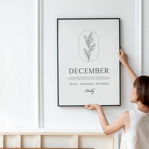 Dezember Geburtsblume Poster • Geburtsblume Bedeutung Poster | Holly Minimal Ästhetische Blumenlinie Zeichnung | Dezember Geburtstagsgeschenk Download