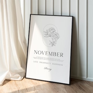 November Geburtsblume Druck • Geburtsblume Bedeutung Poster, Pfingstrose Minimal ästhetische Florale Linie Zeichnung November Geburtstagsgeschenk Download