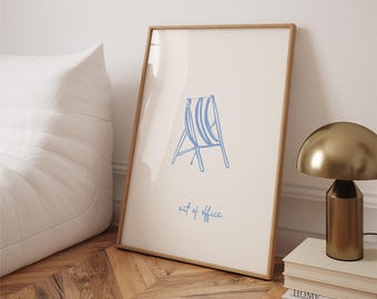 Out of Office Print, Minimal Coastal Deck Chair Illustration in Blue
