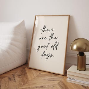 Può includere: Una stampa incorniciata con la scritta "these are the good old days" in corsivo nero. La cornice è marrone chiaro. Una lampada color oro con paralume a cupola è appoggiata su una pila di libri. Il pavimento è in legno.