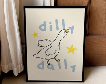 Goose Print, Dilly Dally Blue Funny Whimsy Wall Art Poster