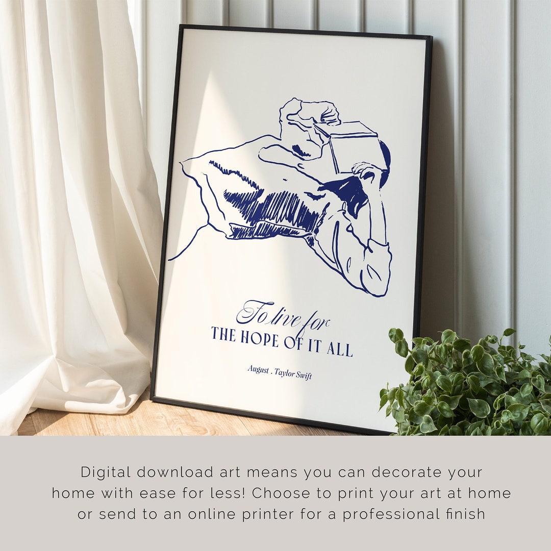 August Print • Taylor Swiftie Lyrics | Blue Wall Art Digital Download | Boho Drawing Book Coastal Retro Aesthetic Minimal Illustration