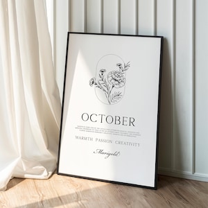 Impressão de flores de nascimento de outubro • Cartaz com o significado das flores de nascimento A1 A2 A3 A4 A5 Desenho de linha floral estético minimalista de calêndula Presente de aniversário de outubro