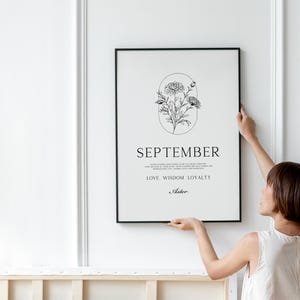 Impresión de flores de nacimiento de septiembre • Póster con el significado de las flores de nacimiento Aster Dibujo de líneas florales estético minimalista, regalo de cumpleaños de septiembre Descargar
