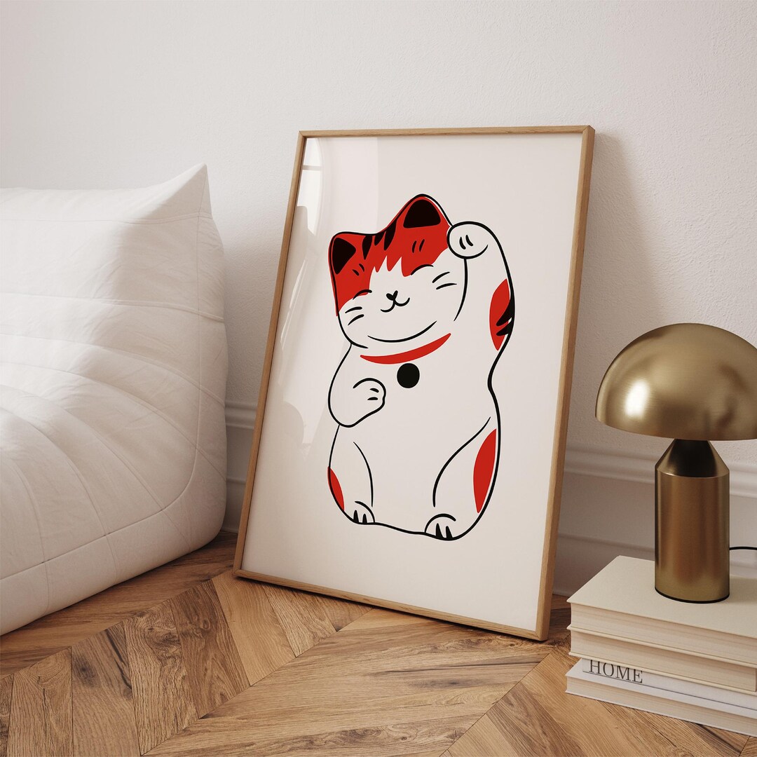 Lucky Cat Print • Maneki Neko Wall Art, Japandi Japanese Illustration ...