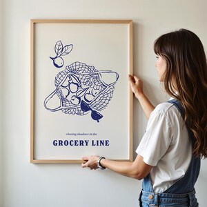 フォークロアプリント・カーディガンの歌詞、ブルーウォールアートデジタルダウンロードボヘミアン風の絵、沿岸レトロ美学ミニマルイラスト食料品キッチン