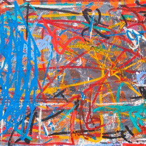 May include: Abstract painting with a gray background and a chaotic arrangement of colorful lines. The lines are in various colors, including blue, red, yellow, orange, and black, creating a dynamic and energetic composition.