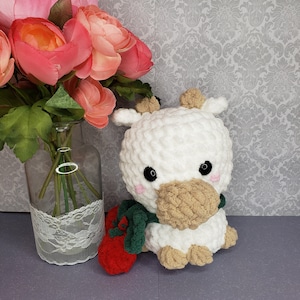 Tiny cherry cow crochet stuffed animal white yarn cow stuffy cherry cow plushy crochet cow toy plush small cow tiny cow little cow gift idea