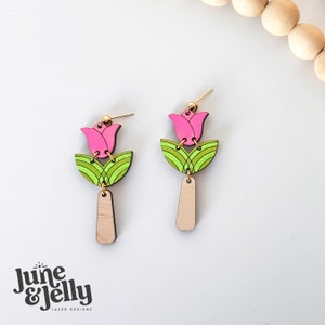 Spring Tulip 3 Charm - Laser Cut Wooden Earrings SVG -  Wood Earring Design - Instant Download Glowforge - Aura  Xtool
