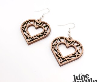 Geometric Heart Dangle Earrings: Boho Laser Cut Wood SVG (Instant Download)