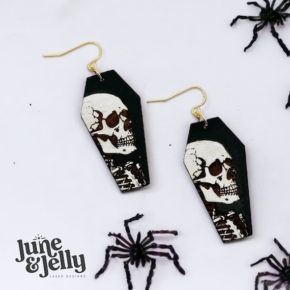 Skeleton Skull Coffin Spooky Halloween Earrings Laser Glowforge SVG File