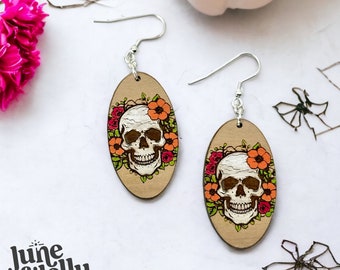 Skull and Flowers Halloween Earrings Laser Glowforge SVG File