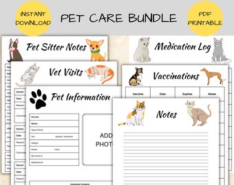 Pet Information Printable Tracker Log, Pet Sitter Planner Pack, Pet Health, Pet Care, Vet Log, Medication List, Cat Log, Dog Record,