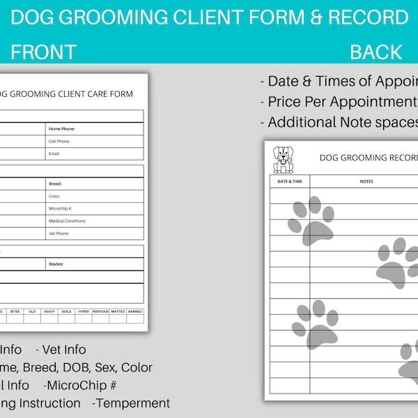 Dog Grooming Form, Pet Grooming Record, Dog Grooming Client Sheet, Grooming Record, Grooming Card, Pet Grooming Tracker, Pet Health Care