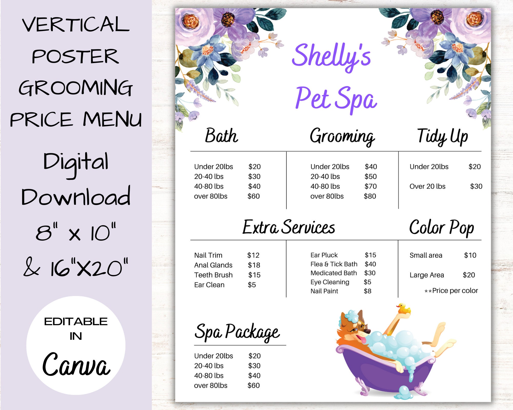 Dog Salon Price List, Pet Groomer Sign, Purple Floral Dog Spa Menu