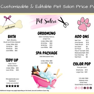 Horizontal Dog Salon Price List Bundle, Pet Groomer Sign, Dog Spa Menu, Price List, Editable, Groomer Price List, Dog Groomers Service Menu