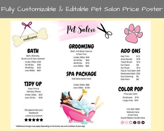 Horizontal Dog Salon Price List Bundle, Pet Groomer Sign, Dog Spa
