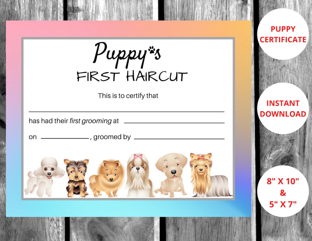 Dog Grooming First Haircut Certificate, Pet Spa, First Puppy Groom
