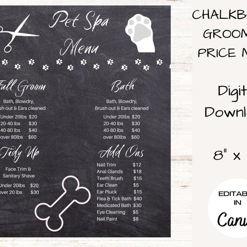 Dog Salon Price List Pet Groomer Sign Dog Spa Menu Price Etsy