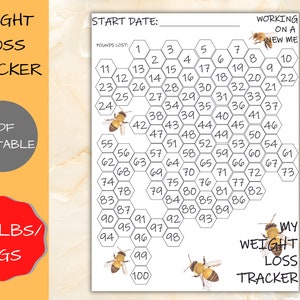 May include: A printable weight loss tracker with a honeycomb design. The tracker features a bee illustration and numbers from 1 to 100. The text "Working on a New Me" is at the top of the page. The text "My Weight Loss Tracker" is at the bottom of the page.
