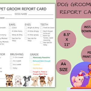 Boleta de calificaciones de aseo, formulario de informe de peluquería canina, boleta de calificaciones de spa para mascotas, formulario de peluquería canina imprimible, servicios de peluquería canina