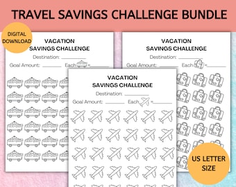 Printable Travel Savings Tracker Bundle, Instant Download, Savings Goal Challenge,  Vacation Challenge, Vacation Savings Challenge