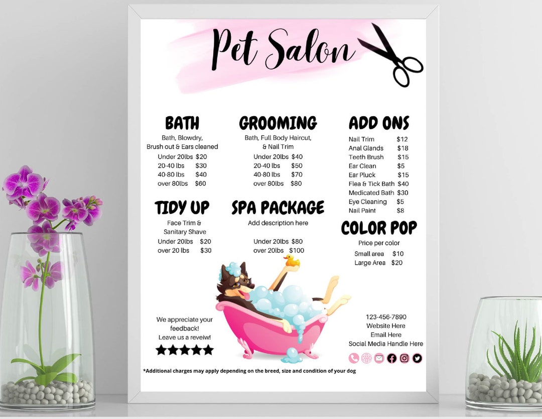 Dog Salon Price List Bundle, Pet Groomer Sign, Dog Spa Menu, Price List, Editable, Groomer Price