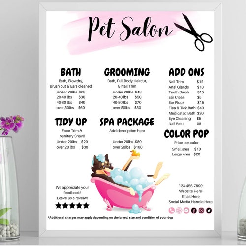 Pet Salon Grooming Price List Dog Grooming Template Editable Etsy