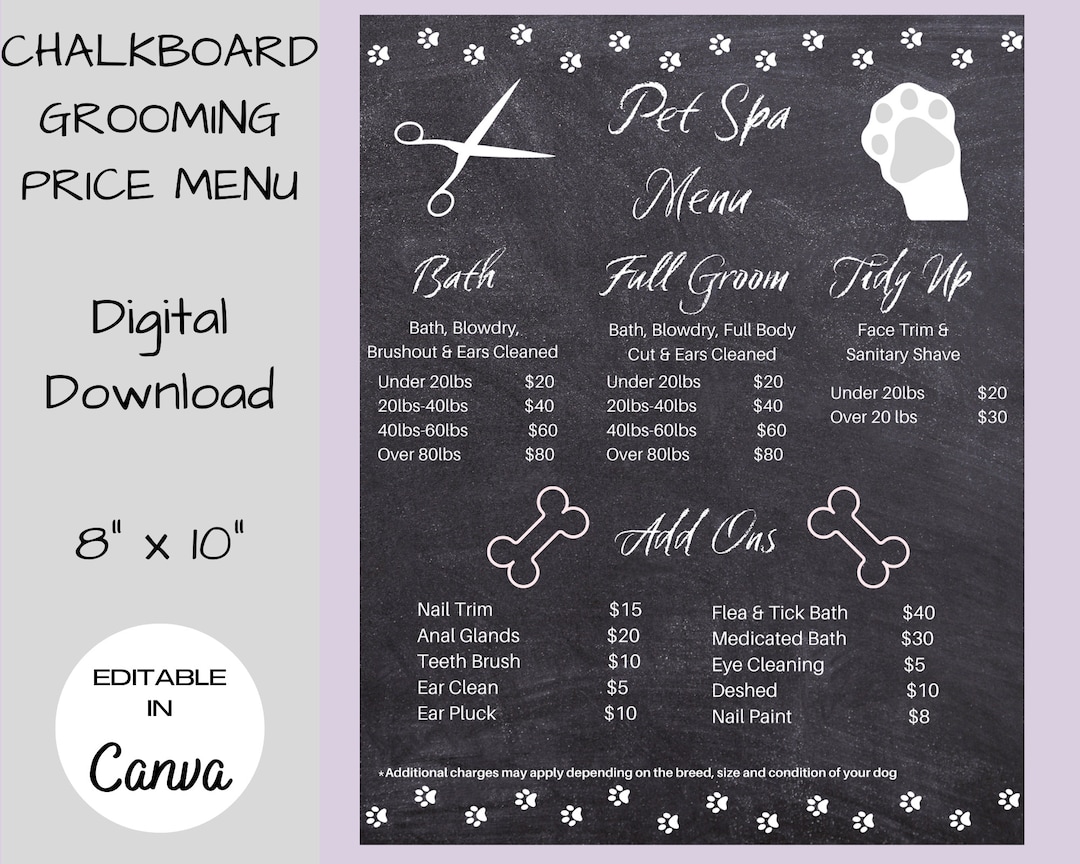 Dog Salon Price List, Pet Groomer Sign, Dog Spa Menu, Price List
