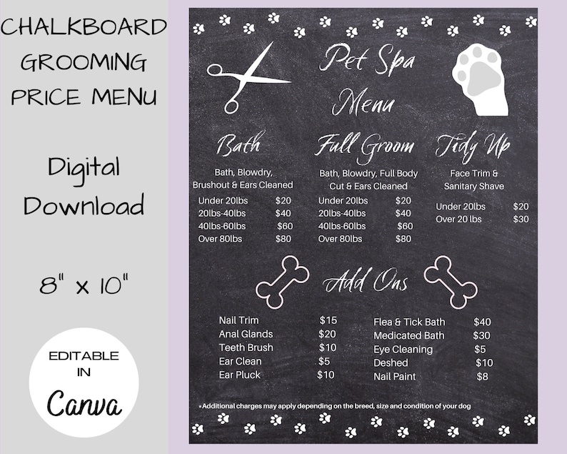 Dog Salon Price List, Pet Groomer Sign, Dog Spa Menu, Price List