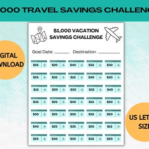 Printable Travel Savings Tracker, Instant Download, Savings Goal Challenge, Savings Jar, Vacation Challenge, Vacation Finance Planner