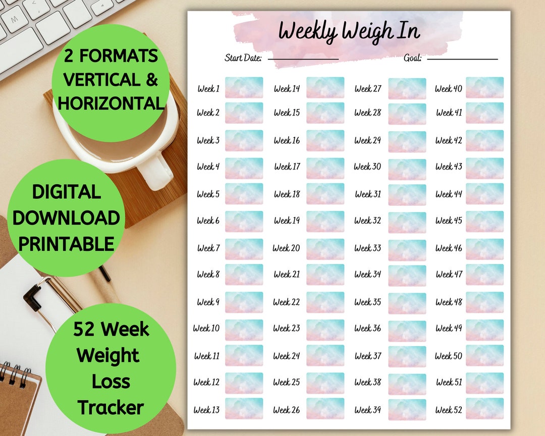 Digital Download Printable Weekly Weigh in Tracker, Weight Loss Chart Digital Download Printable Weekly Weigh in Tracker, Weight Loss Chart