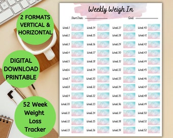 Digital Download Printable Weekly Weigh In Tracker, Weight Loss Chart, 52 Weeks Weight Loss Journal, Bariatric Weight Loss