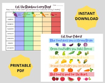 Póster educativo de alimentos imprimible para niños, tabla de información nutricional, tabla de alimentos veganos arcoíris, registro de alimentos saludables, actividad de alimentación saludable