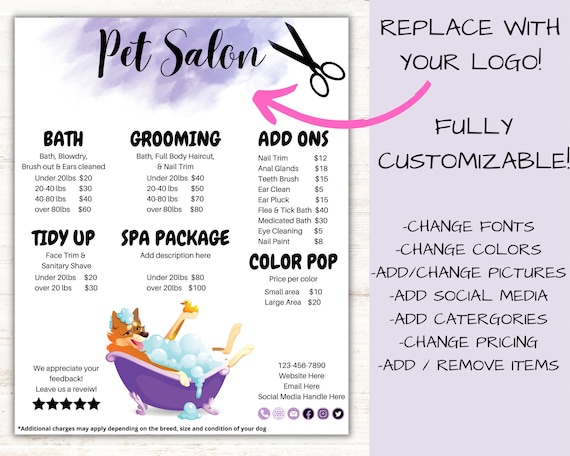 Purple Dog Salon Price List Pet Groomer Sign Dog Spa Menu