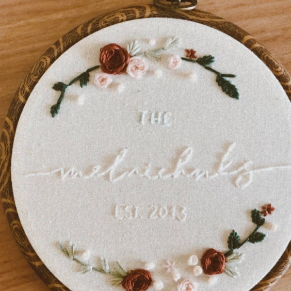 Personalised hand embroidery hoop family name