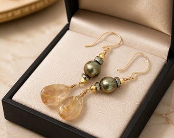 Golden Rutilated Quartz & Pyrite Drop Earrings | Natural Gemstone Earrings | Gold-Filled Jewelry