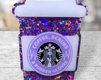 Coffee Scrubs Badge Reel, Purple Glitter Nurse Gift