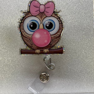 Bubblegum Owl Badge Reel: Acrylic Pediatric Nurse Gift