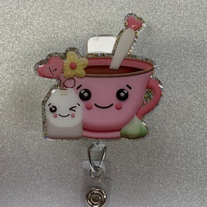 Teetasse Abzeichen Reel / Teetasse / Teetasse / Lehrer Geschenk / Krankenschwester Geschenk / Handarbeit / Acryl / Badge Reel / Blume / Pink