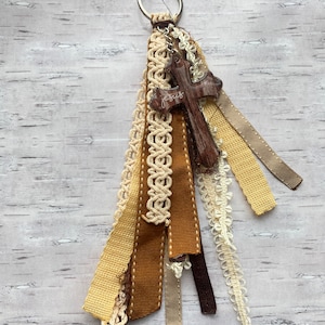 Wood Grain Cross Tassel Keychain