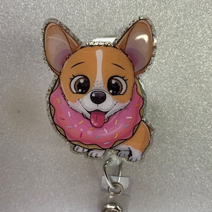 Corgi Donut Badge Reel: Handmade Acrylic Alligator Clip