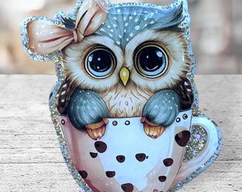 Owl Badge Reel: Handmade Acrylic Coffee Cup ID Holder