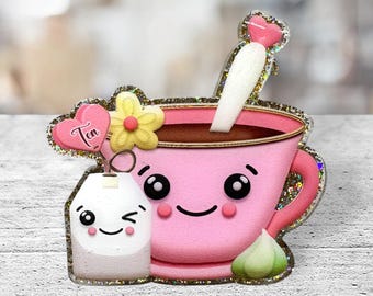 Handmade Tea Cup Badge Reel: Acrylic Flower Design