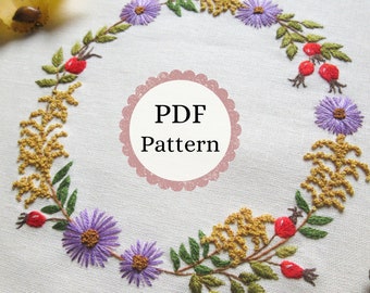 Autumn Wreath Hand Embroidery Pattern, Fall Florals PDF Embroidery Design, Goldenrod, Asters & Rosehips Wreath