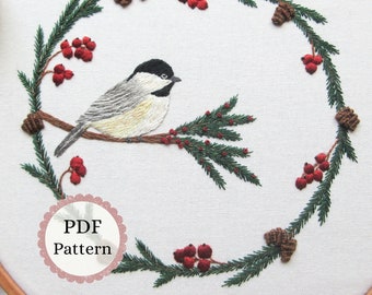 Chickadee Christmas Wreath Hand Embroidery PDF Pattern, Pinecones and Winter Berries Embroidery Wreath, Bird Stitching Digital Download