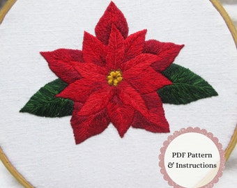 Christmas Poinsettia Hand Embroidery PDF Pattern, Needle-Painting Floral Stitching Pattern, Christmas DIY Embroidery, Red Poinsettia Flower