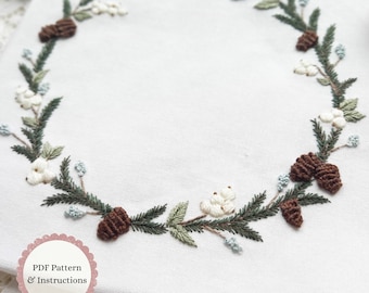 Winter Botanicals Wreath Hand Embroidery PDF Pattern, Pinecones and Winter Berries Embroidery Wreath, Floral Stitching Digital Download