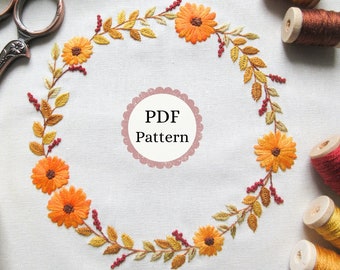 Fall Floral Embroidery Wreath PDF Pattern, Autumn Leaves & Flowers Embroidery Design, Beginner-Friendly DIY Stitching